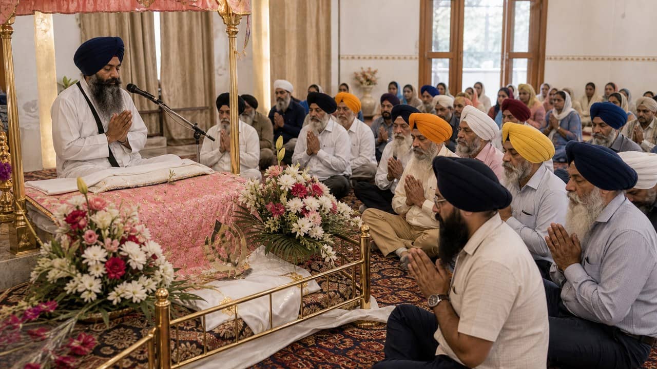 Community members attending ardas on Mahant Preetam Singh punyatithi in Varanasi