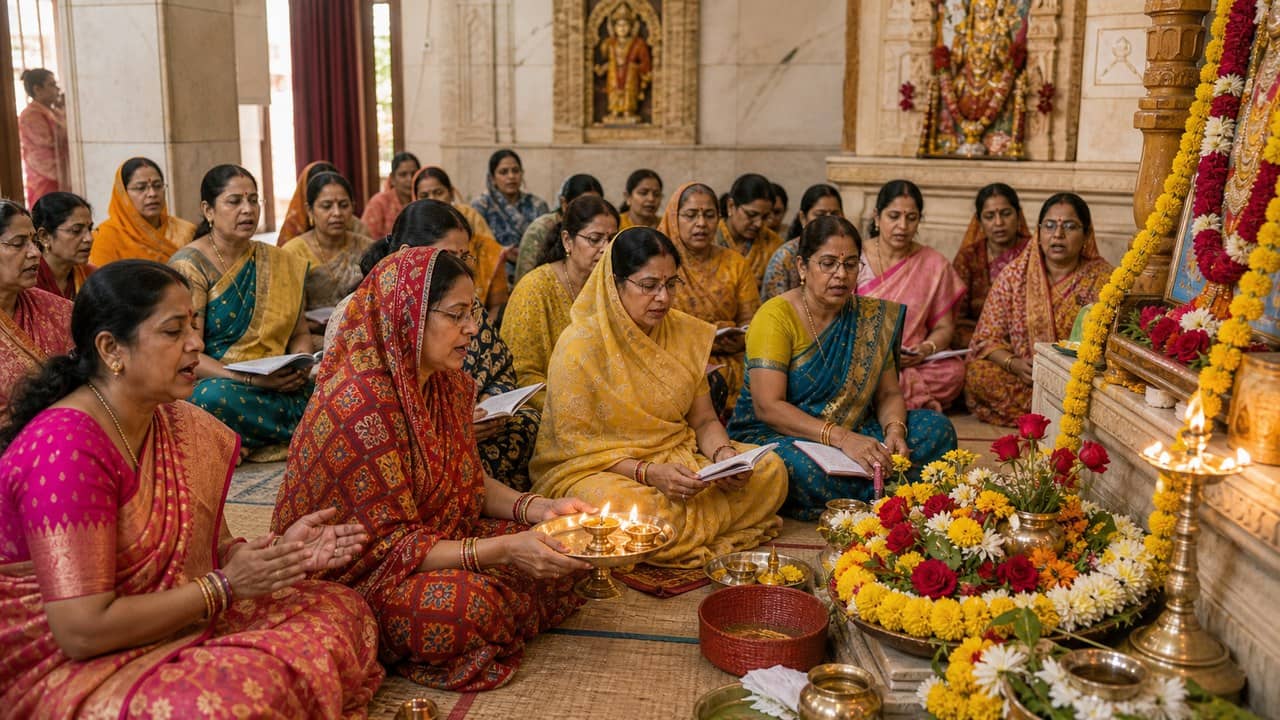 Marwari women participating in Mangal Path for Rani Sati Dadi at Tridev Temple