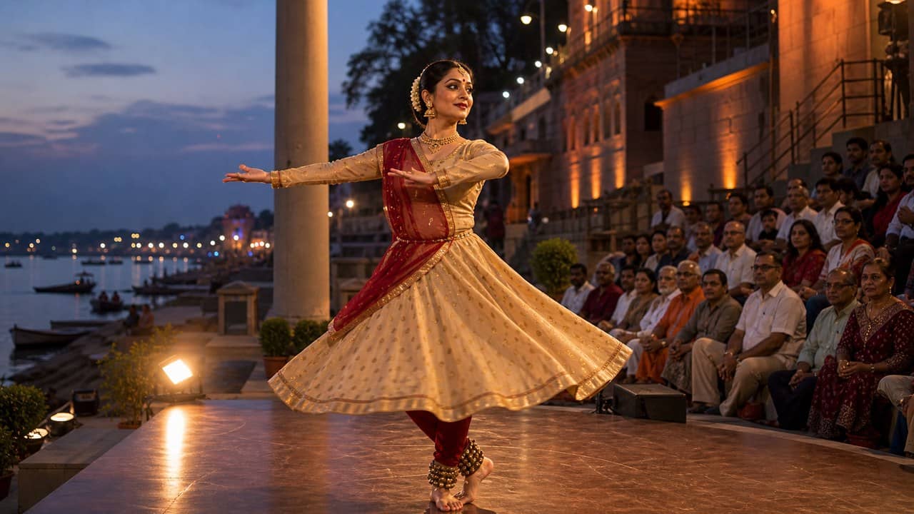 Kathak artist Piyali Chandra performing at Namah Ghat in Varanasi