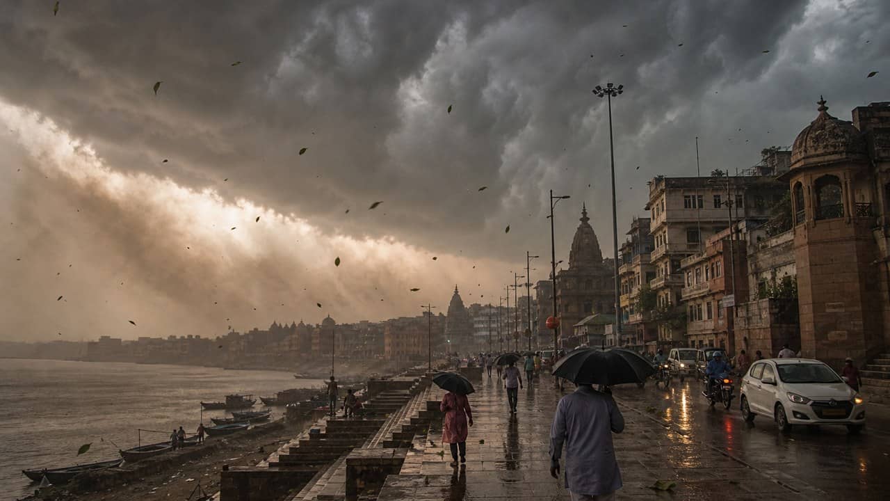 Dark monsoon clouds and dusty winds over a Varanasi road before rain