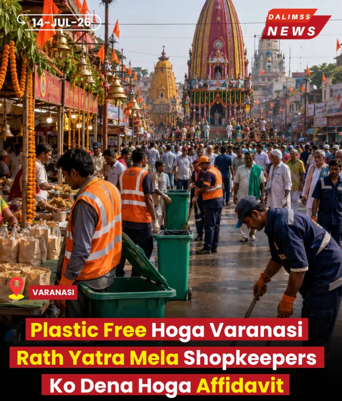 Varanasi Municipal Corporation enforcement team distributing cloth bags and checking dustbins at a public festival market to enforce a plastic ban