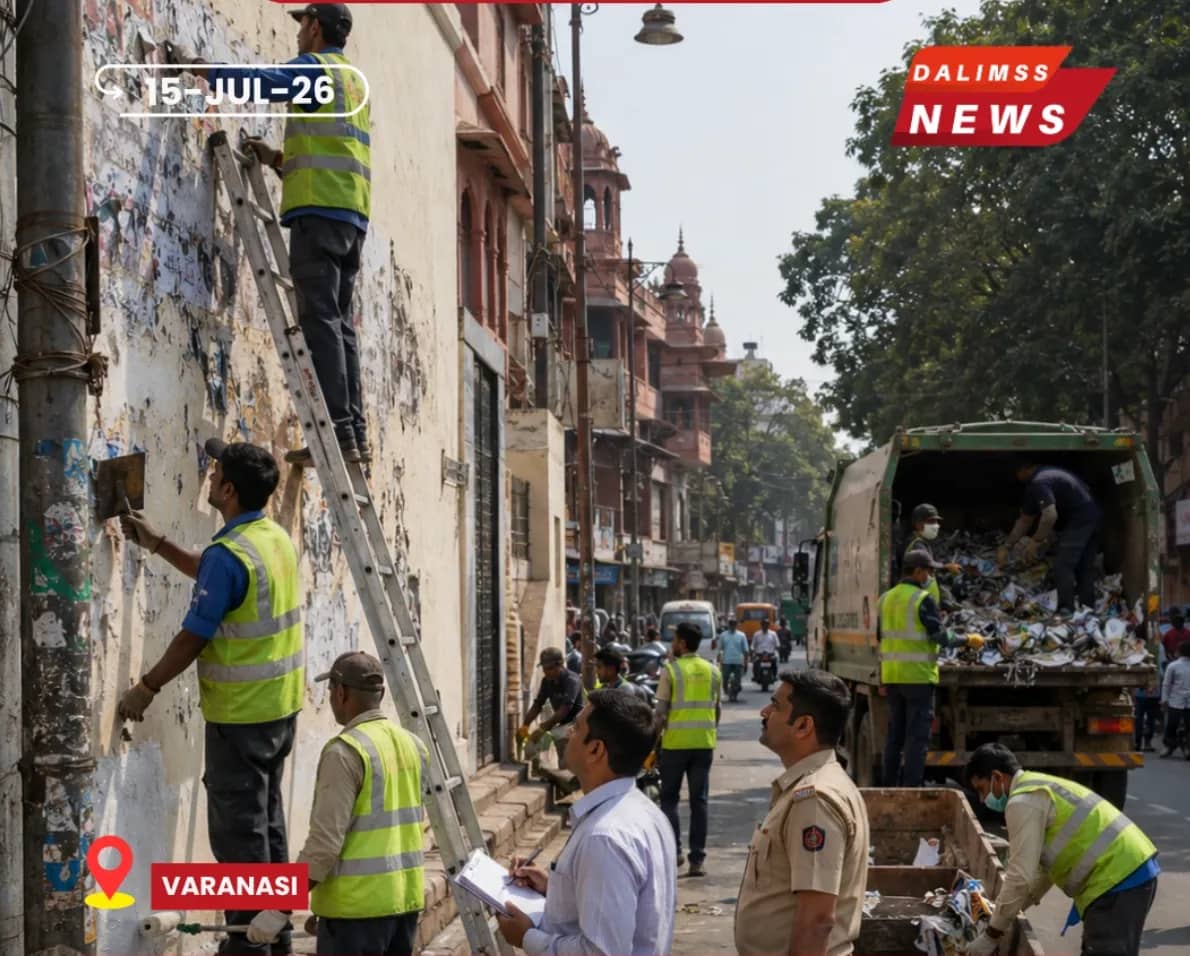 Varanasi Municipal Corporation enforcement team pulling down unauthorized political and commercial banners from a public roadside hoarding structure
