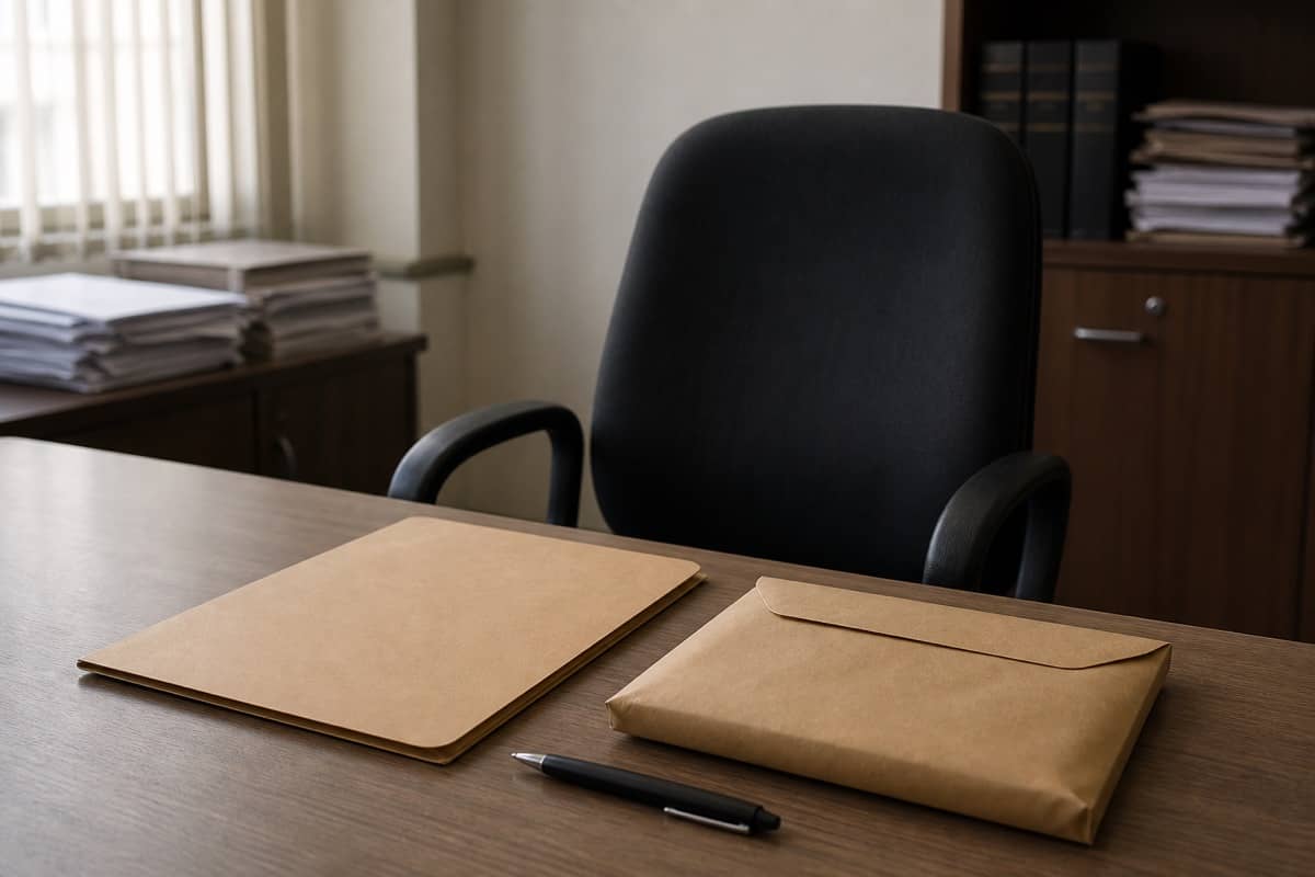 Restrained editorial view of a blank office file, sealed envelope and empty official desk