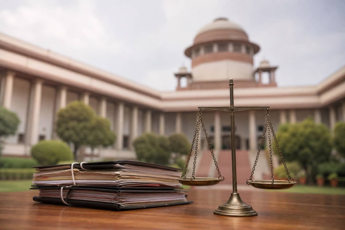 Neutral exterior view of court architecture with legal files in the foreground