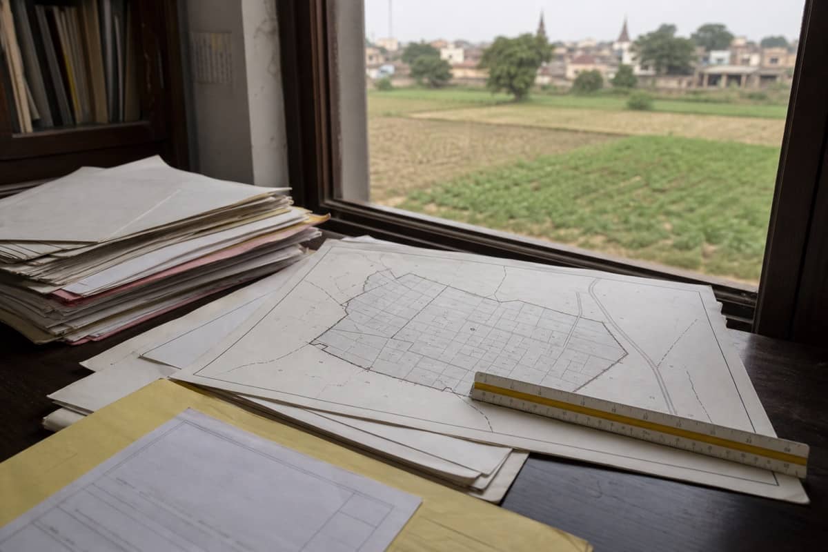 Neutral editorial image of property records and a land map on an official desk