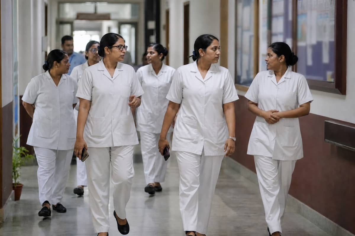 Hospital administration corridor with nursing staff seen from a respectful distance