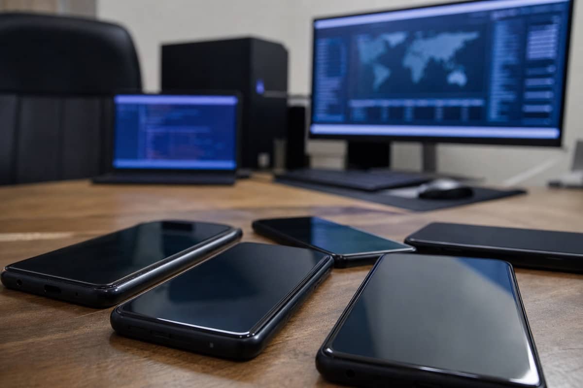 Unbranded mobile phones on a desk in a softly blurred cyber-investigation workspace