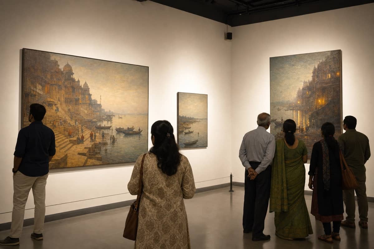 Painterly gallery scene featuring atmospheric artworks inspired by the ghats of Banaras