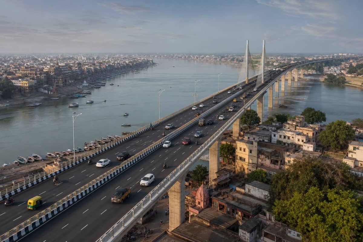 Conceptual editorial view of elevated road corridors crossing the Ganga and Varuna landscape in Varanasi