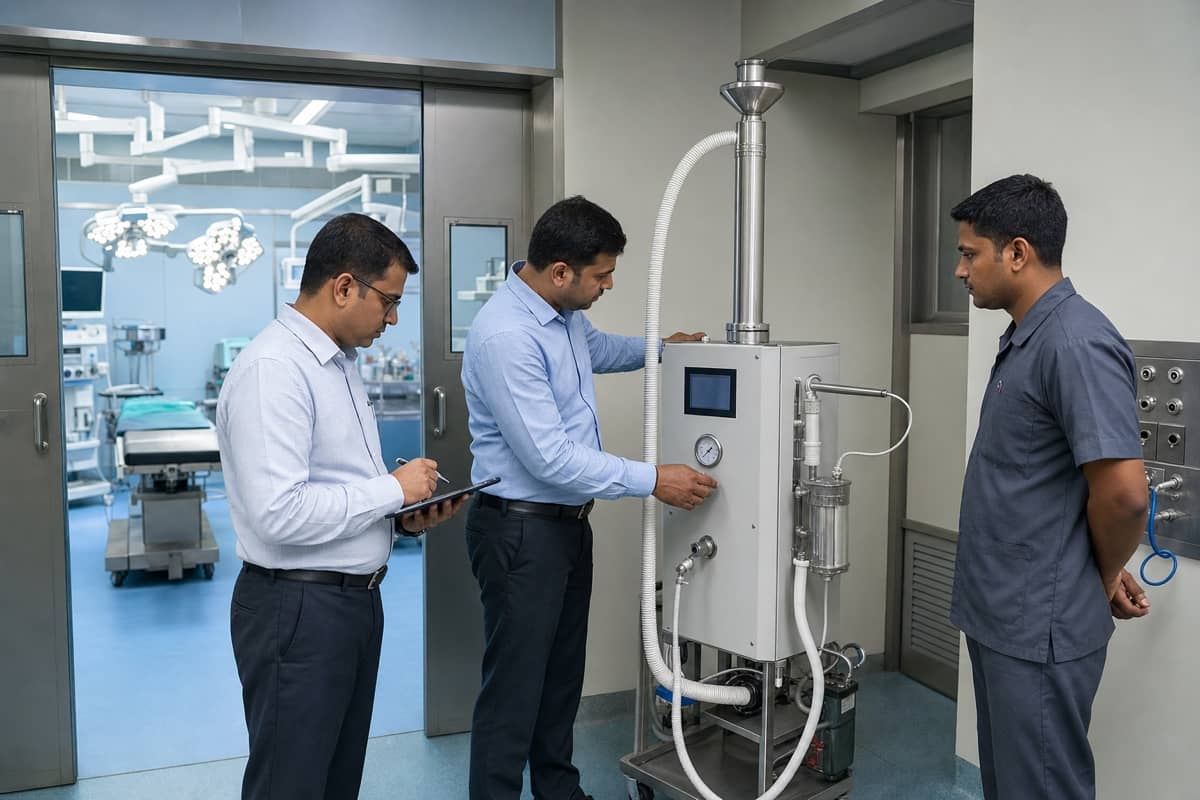 A hospital operating-theatre machine being inspected by two compliance officers in Varanasi