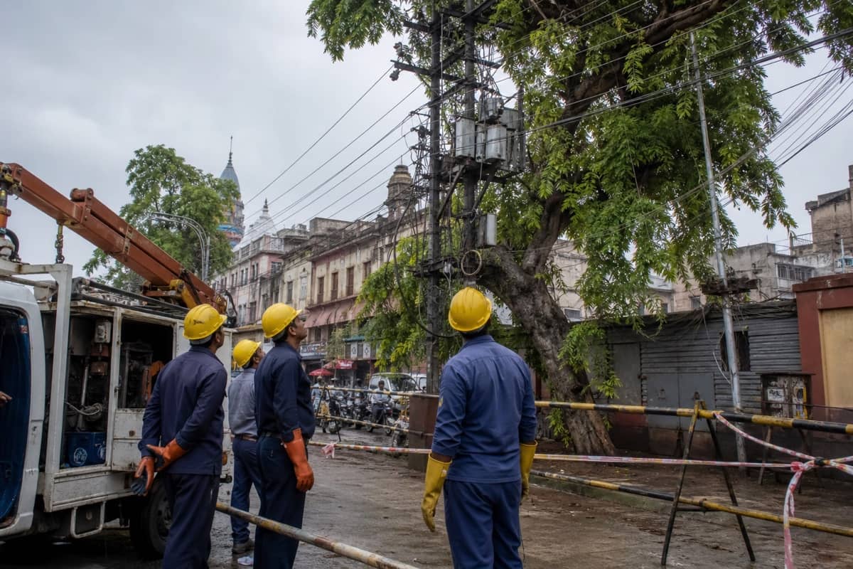 Electricity maintenance workers beside a safely isolated power line and tree branches in Varanasi