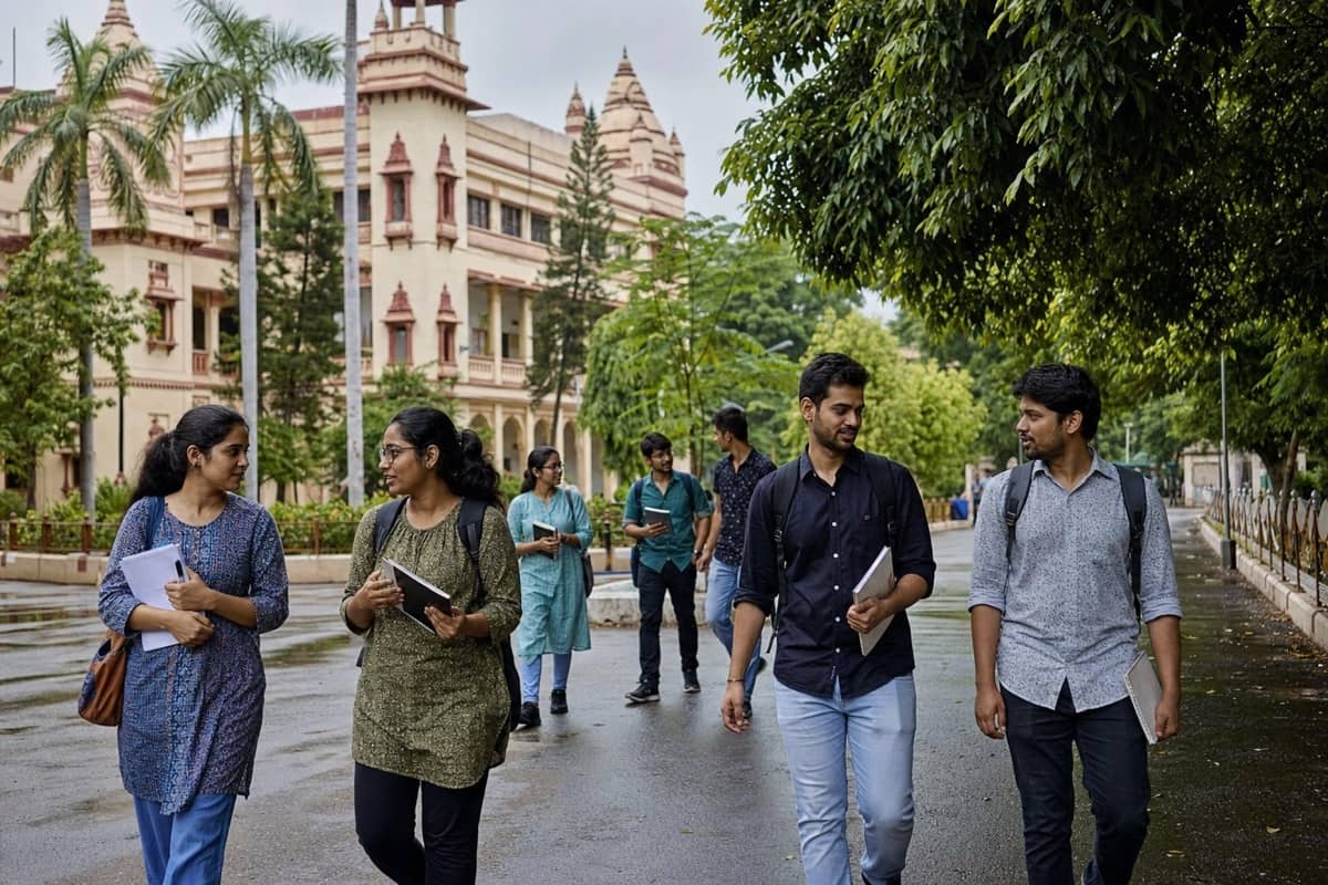 Research scholars walking through Banaras Hindu University campus in Varanasi