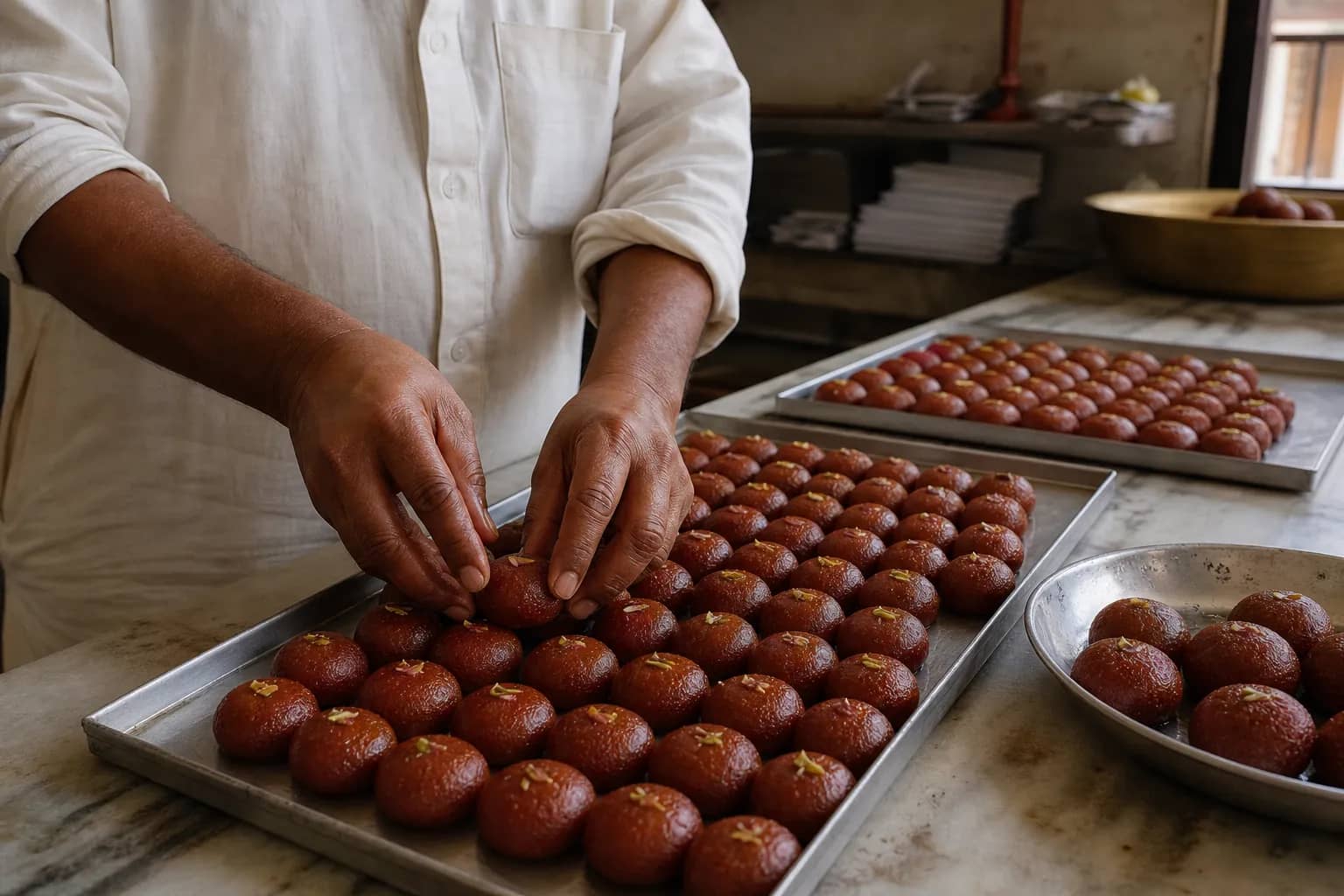 Representative image of a sweet maker arranging Lal Peda in a workshop