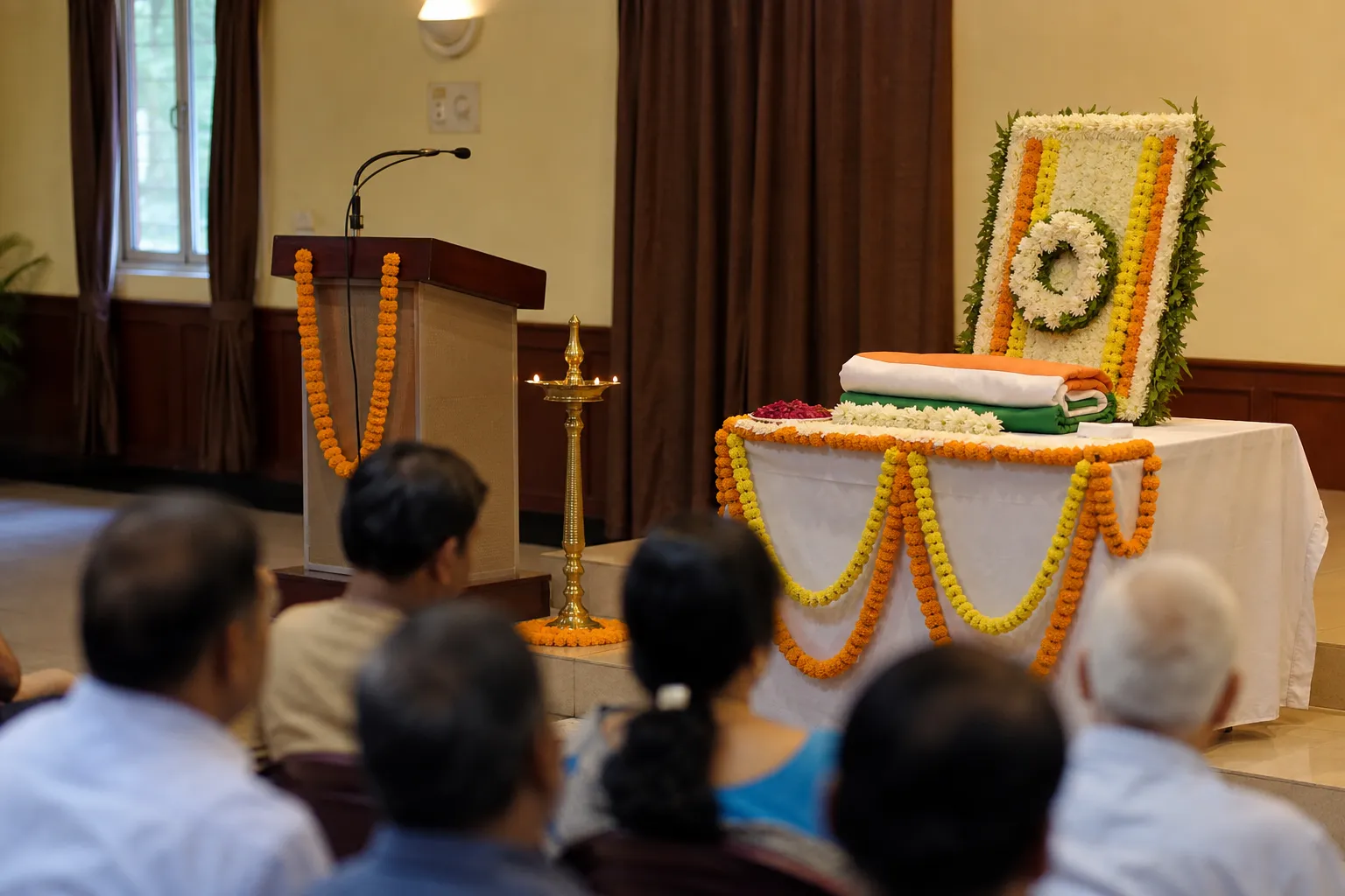 Representative freedom-struggle commemoration with floral tribute and ceremonial lamp