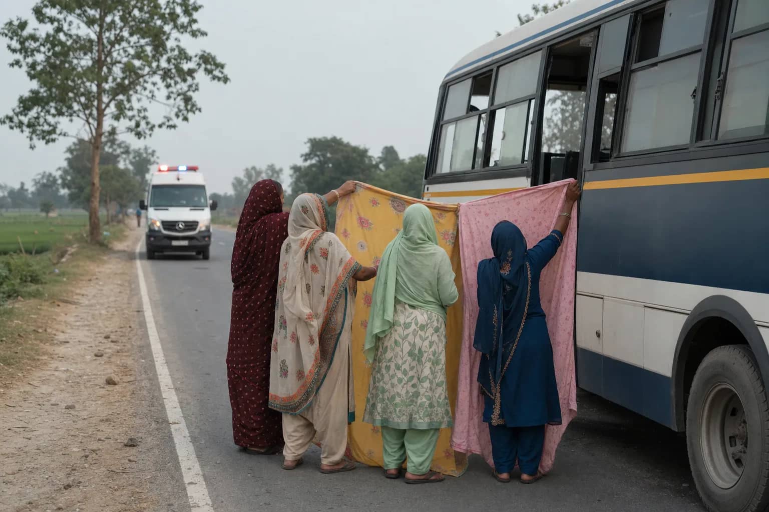 Representative roadside assistance scene with women creating a privacy screen beside a bus