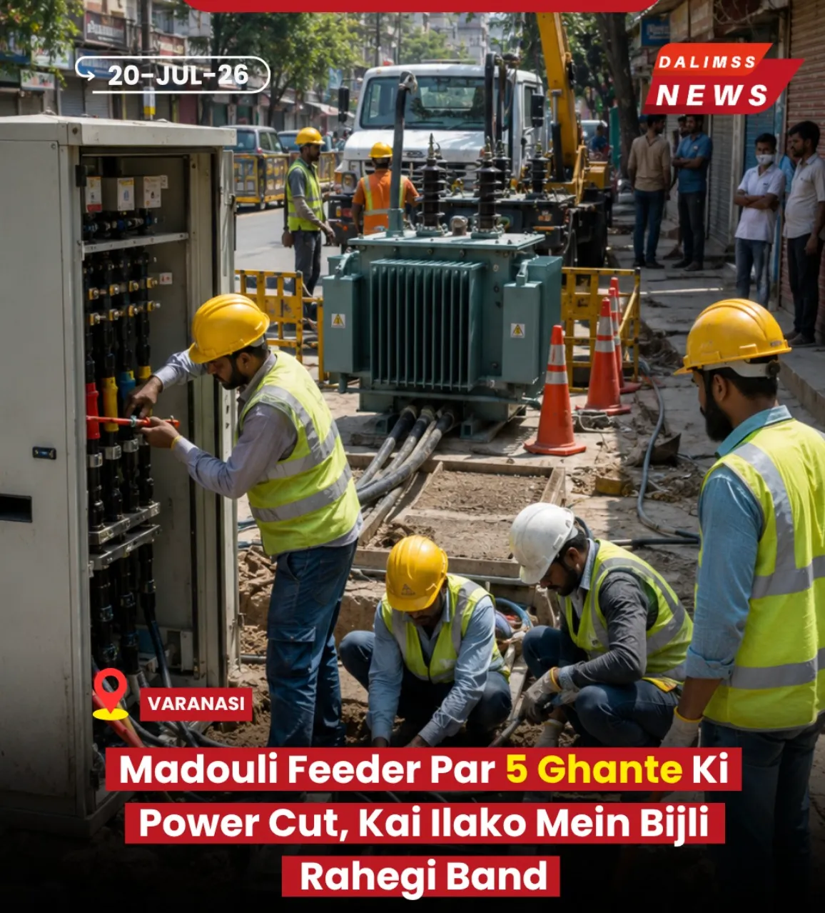 Electric power lines and distribution transformers undergo maintenance in Varanasi