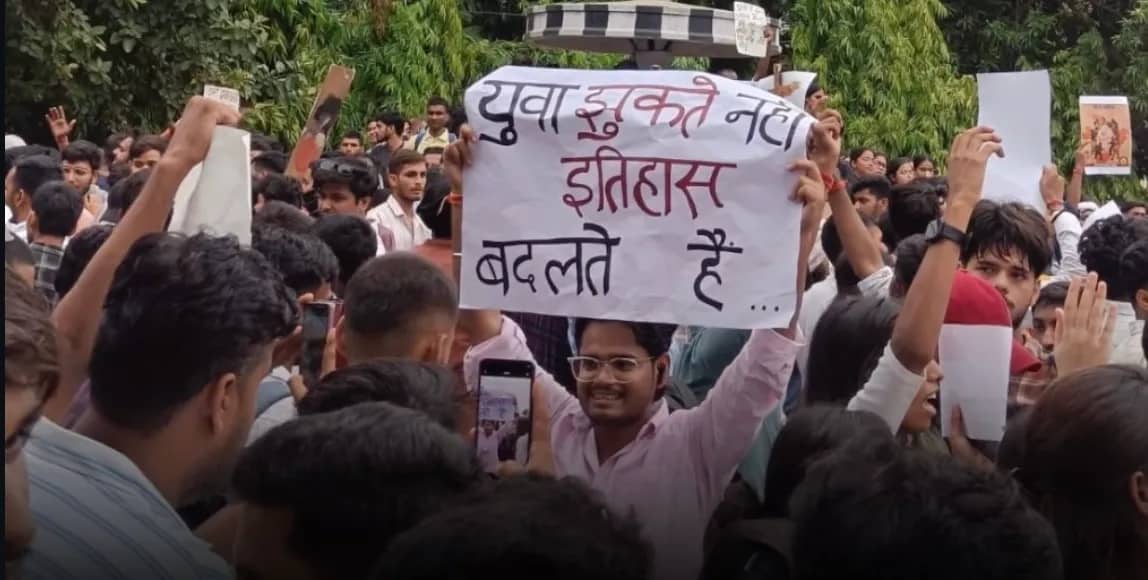 Protesting BHU students holding banners during Student Justice March inside Banaras Hindu University campus