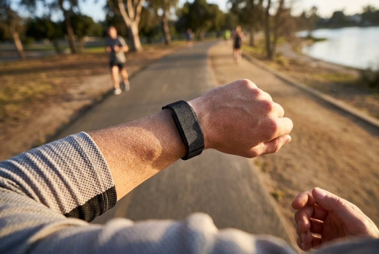 A runner's wrist wearing a black screenless fabric band, seen from above on a lakeside path with other runners ahead