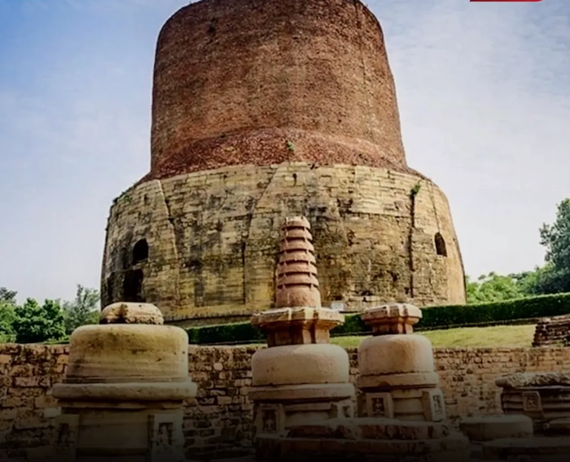 Historic Dhamek Stupa and archaeological remains at Sarnath World Heritage Site in Varanasi