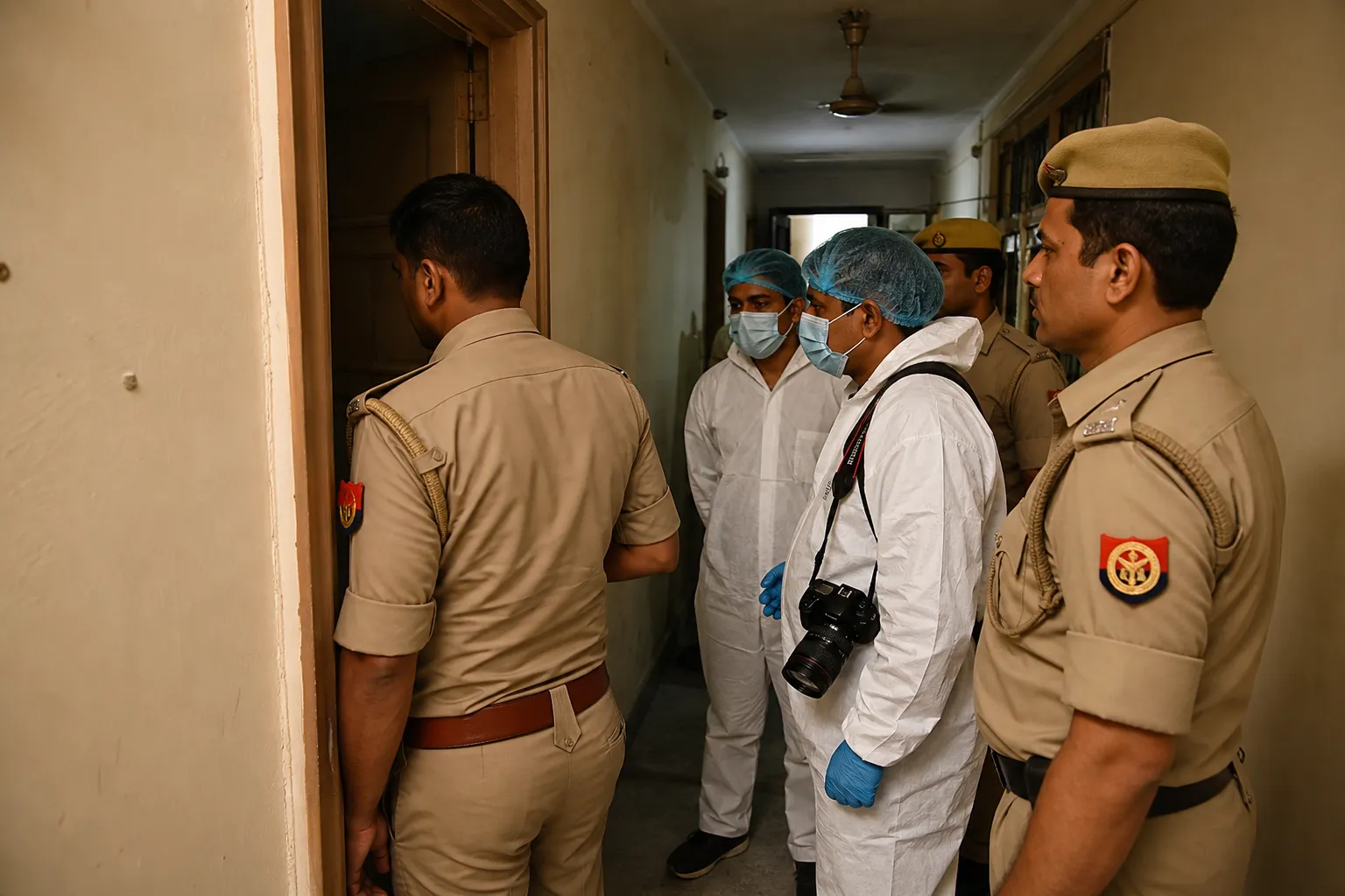 Sensitive representative image of police and forensic personnel outside a closed room