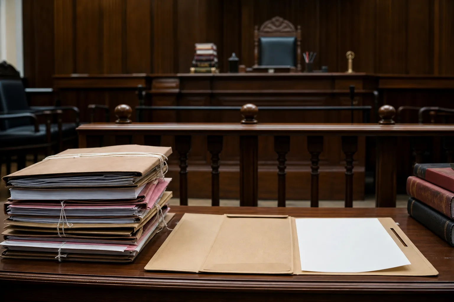 Representative Indian courtroom with case files awaiting a police progress report