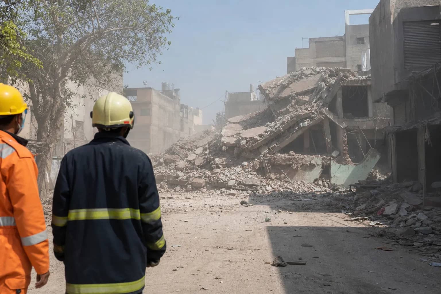 Representative aftermath of a collapsed three-storey building with emergency workers nearby