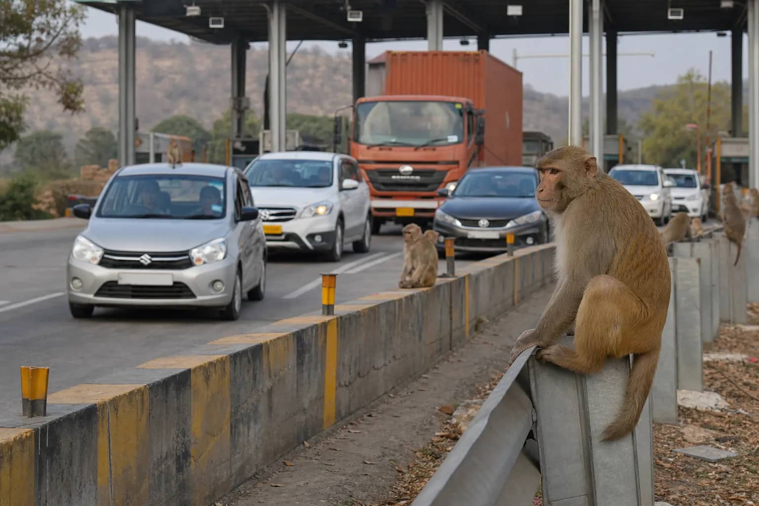 Representative image of monkeys near traffic lanes at an Indian toll plaza