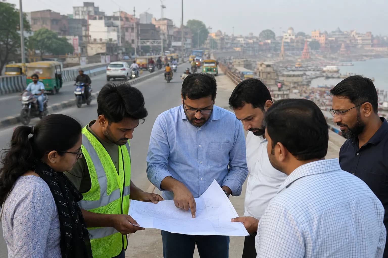 Representative road-planning team reviewing an unmarked map beside a Varanasi road