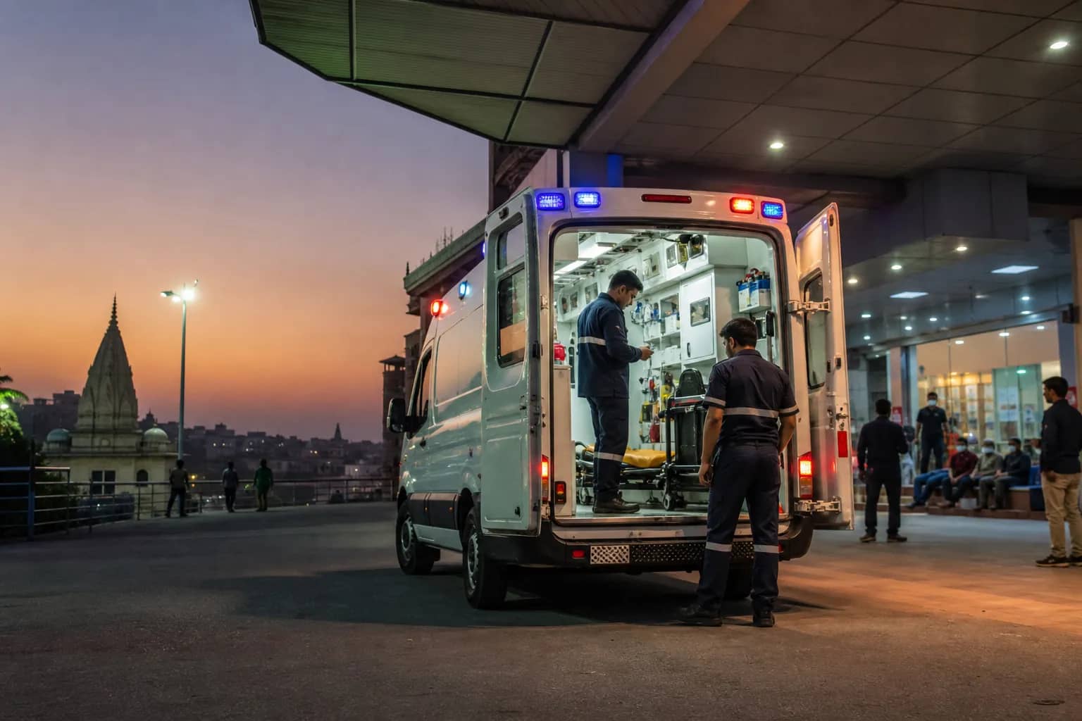 Representative unbranded ambulance with paramedics checking emergency equipment