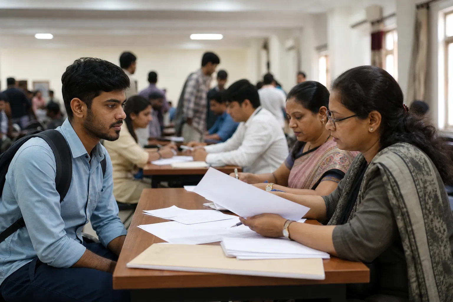 Representative university counselling hall with students at admission desks