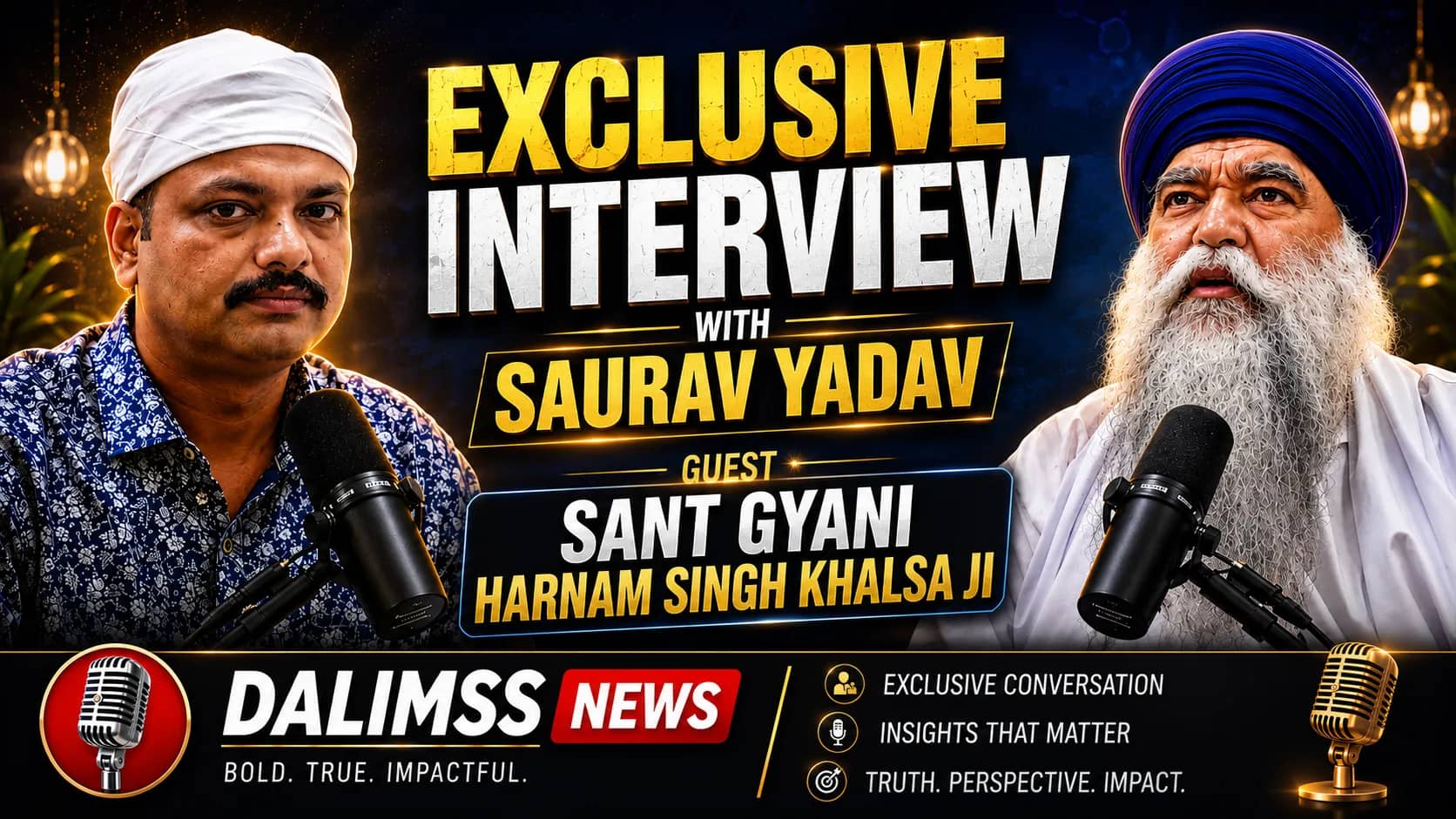 Promotional interview graphic showing a man in a white cap and a bearded man in a blue turban at microphones.