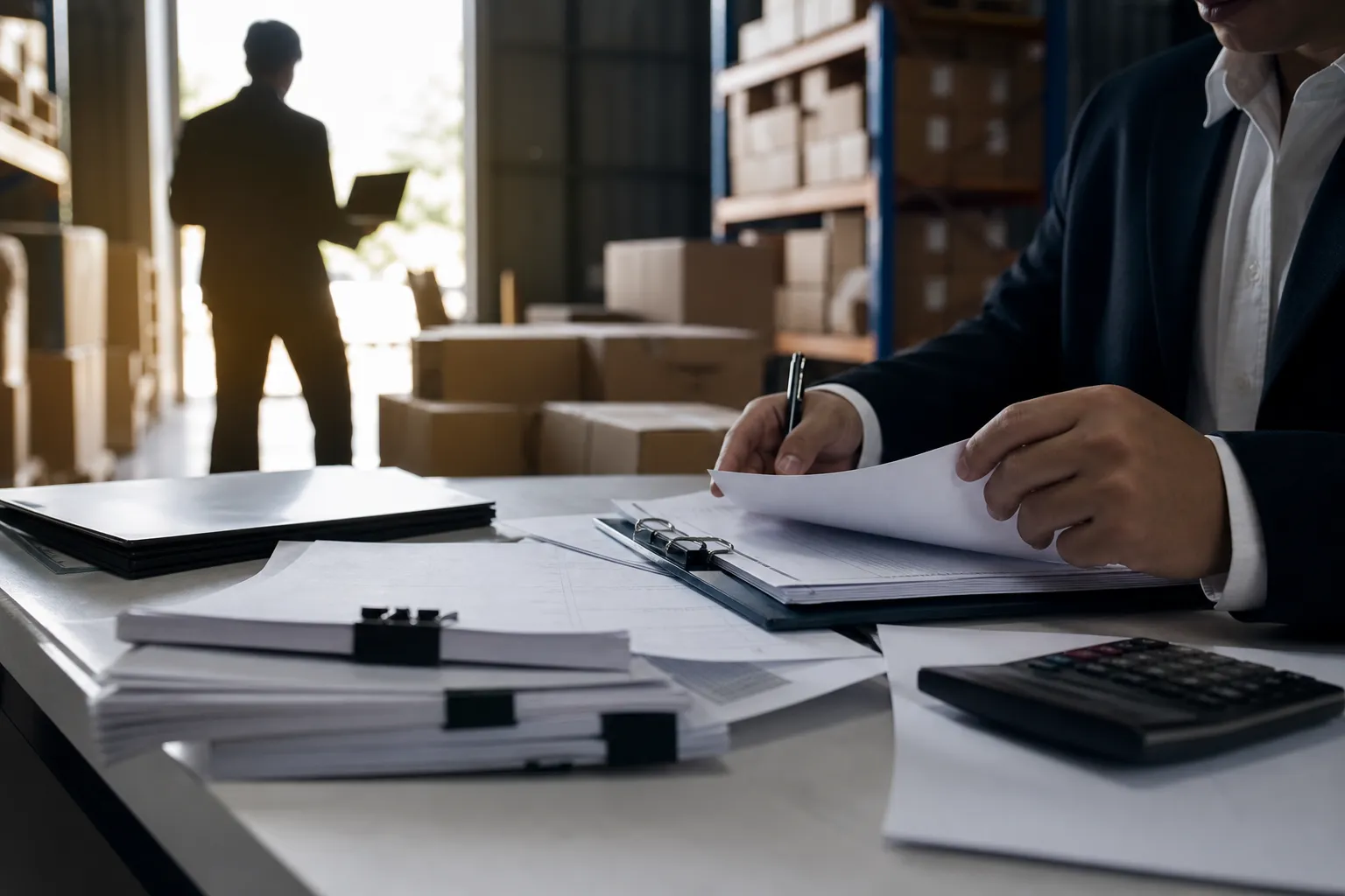 Representative e-commerce warehouse audit with blank financial records and parcels