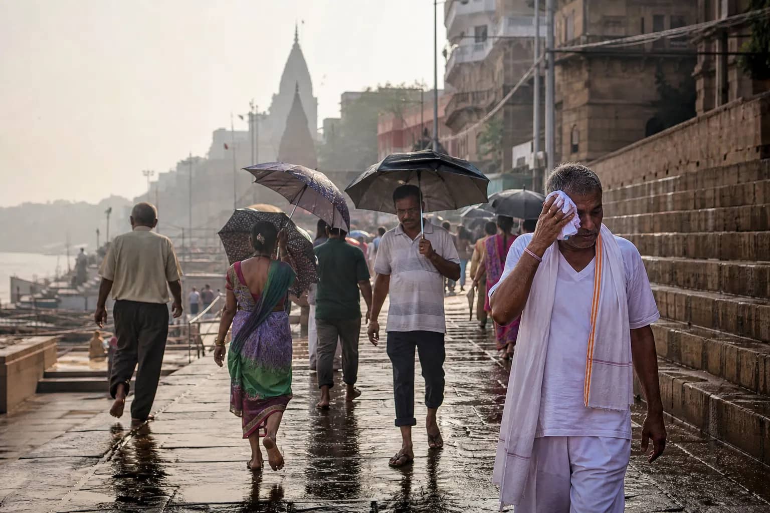 Representative hot and humid afternoon on wet Varanasi ghats after rain