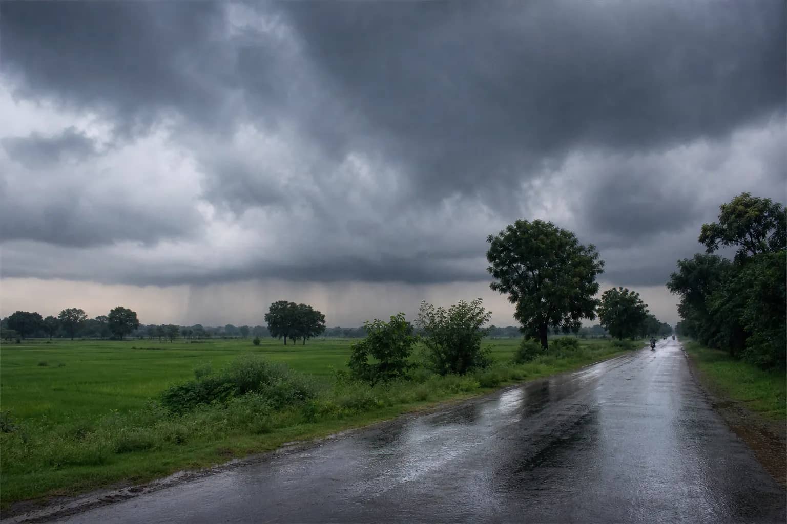 Representative monsoon clouds and rain over an eastern Uttar Pradesh road and farmland