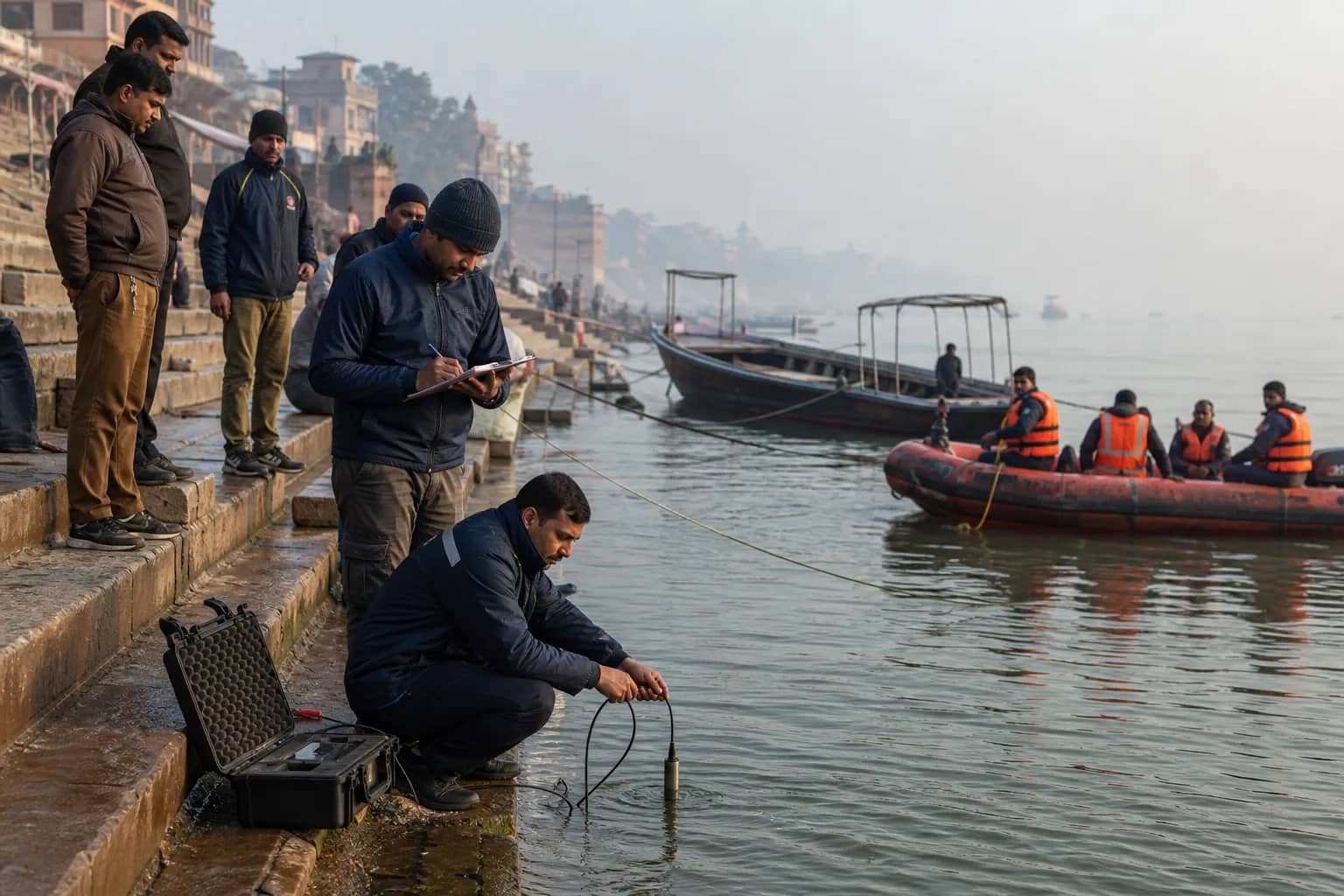 Representative river-safety workers monitoring the Ganga from a Varanasi ghat