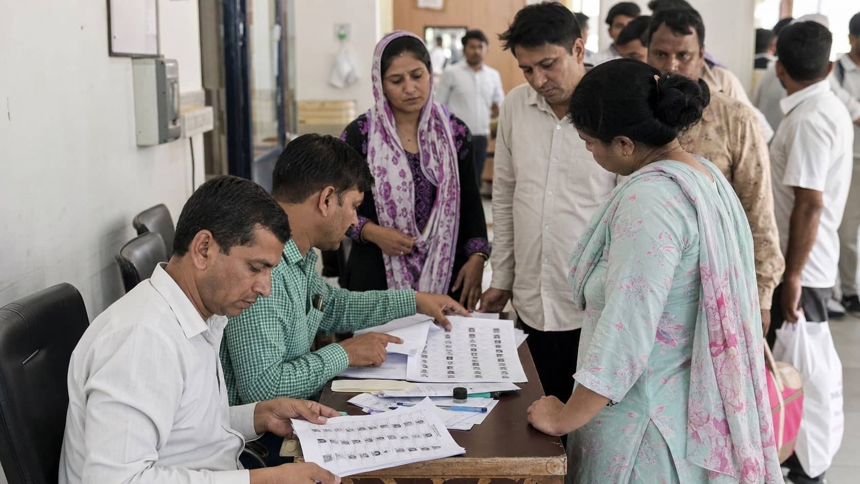 Election officials reviewing voter records with residents at a verification desk in Gurugram