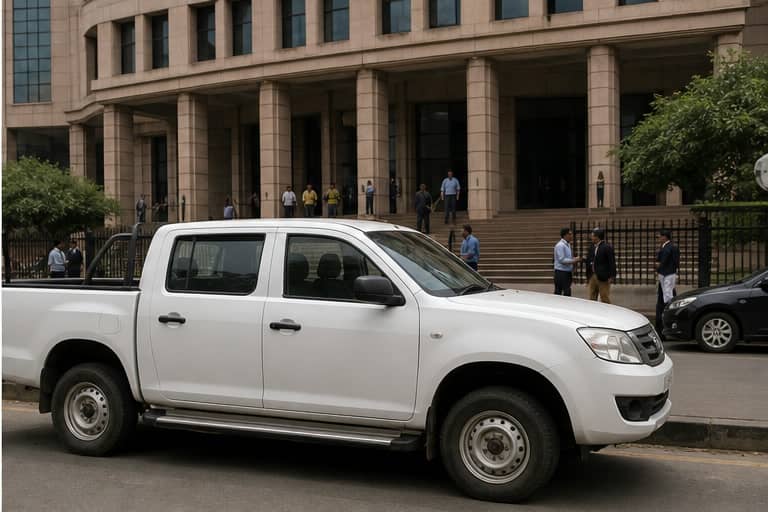 A pickup vehicle parked outside a Gurugram courthouse