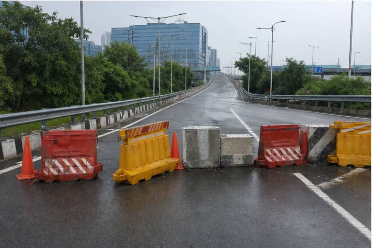 No-entry barricades placed across an access point on the Dwarka Expressway