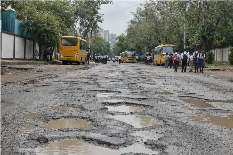 A pothole-damaged road used by school buses in Gurugram Sector 79