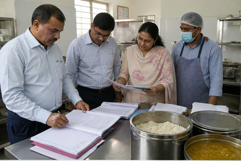 Education officials reviewing meal records in a government school kitchen