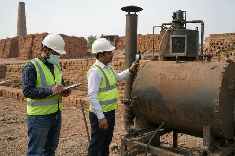 Environmental inspectors checking fuel and control equipment at a brick kiln