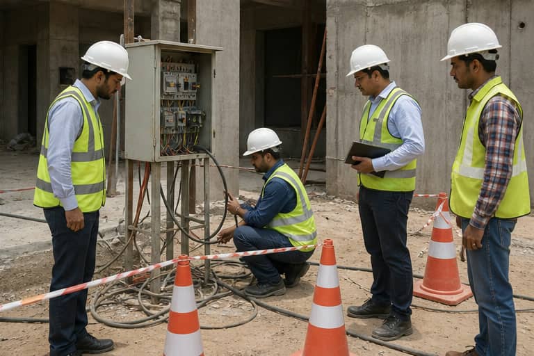 Safety officers inspecting electrical equipment at a Gurugram construction site