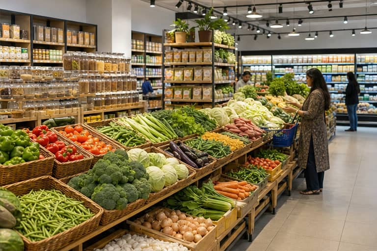 Fresh produce and packaged staples displayed inside a modern grocery store