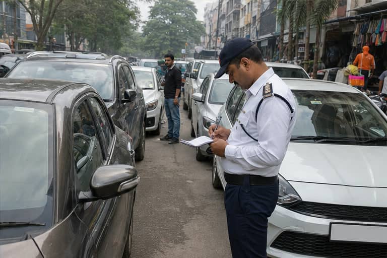 A traffic officer issuing a ticket beside illegally parked cars on a Gurugram road