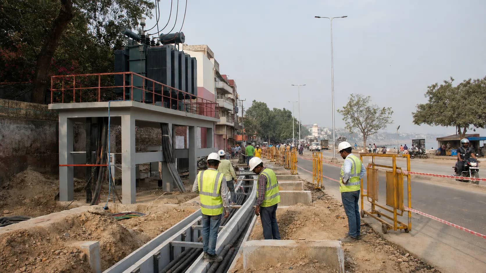 Electricity engineers inspecting cable ducts and transformer platforms on a Varanasi urban road
