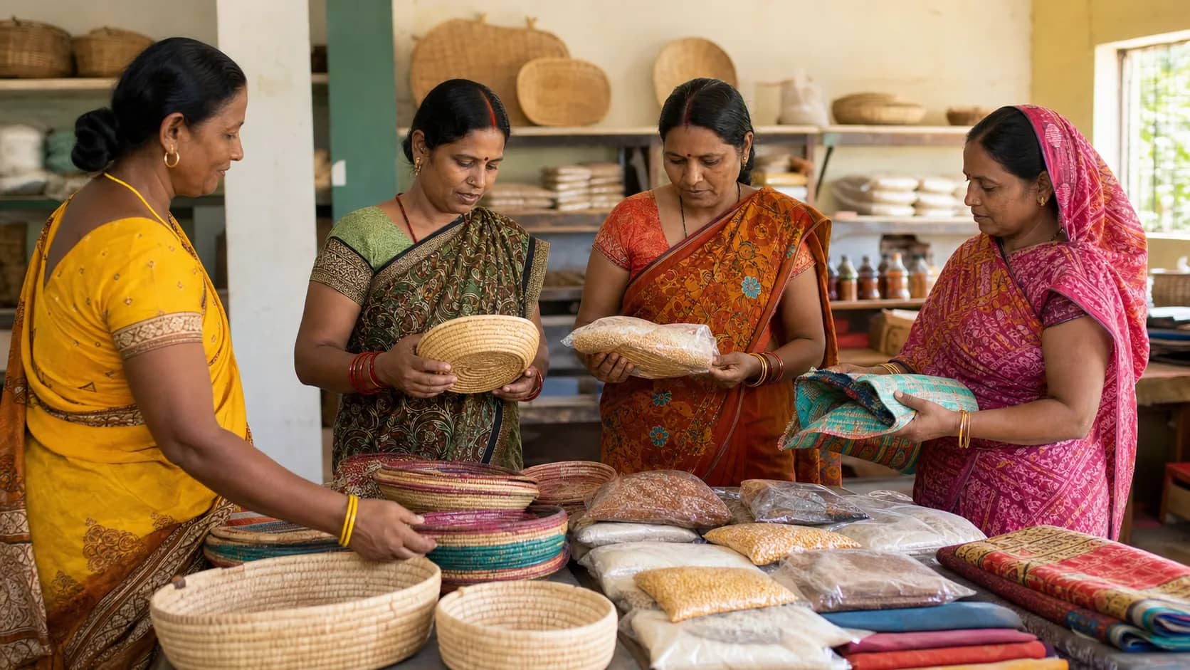 Women from rural self-help groups arranging locally made products at a Prerna-style market counter