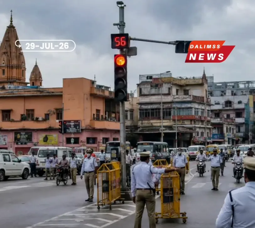 Varanasi traffic police officer directing vehicular traffic near a major intersection during route diversion