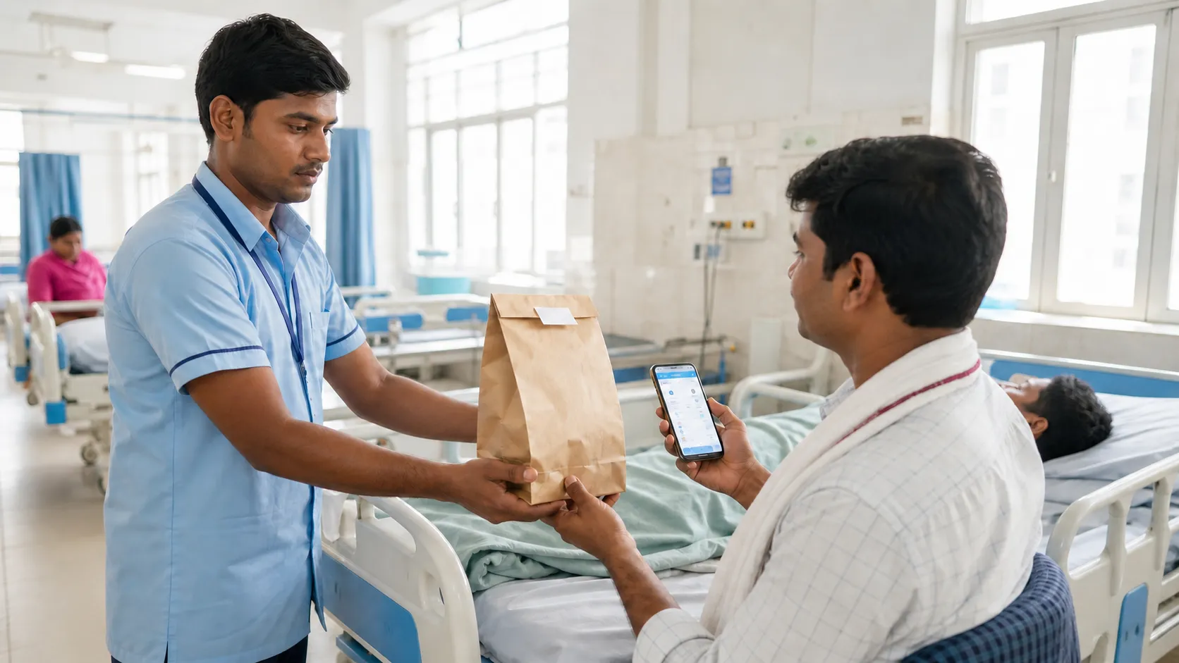 Illustrative image of a hospital attendant handing a medicine bag to a patient’s relative using a health app