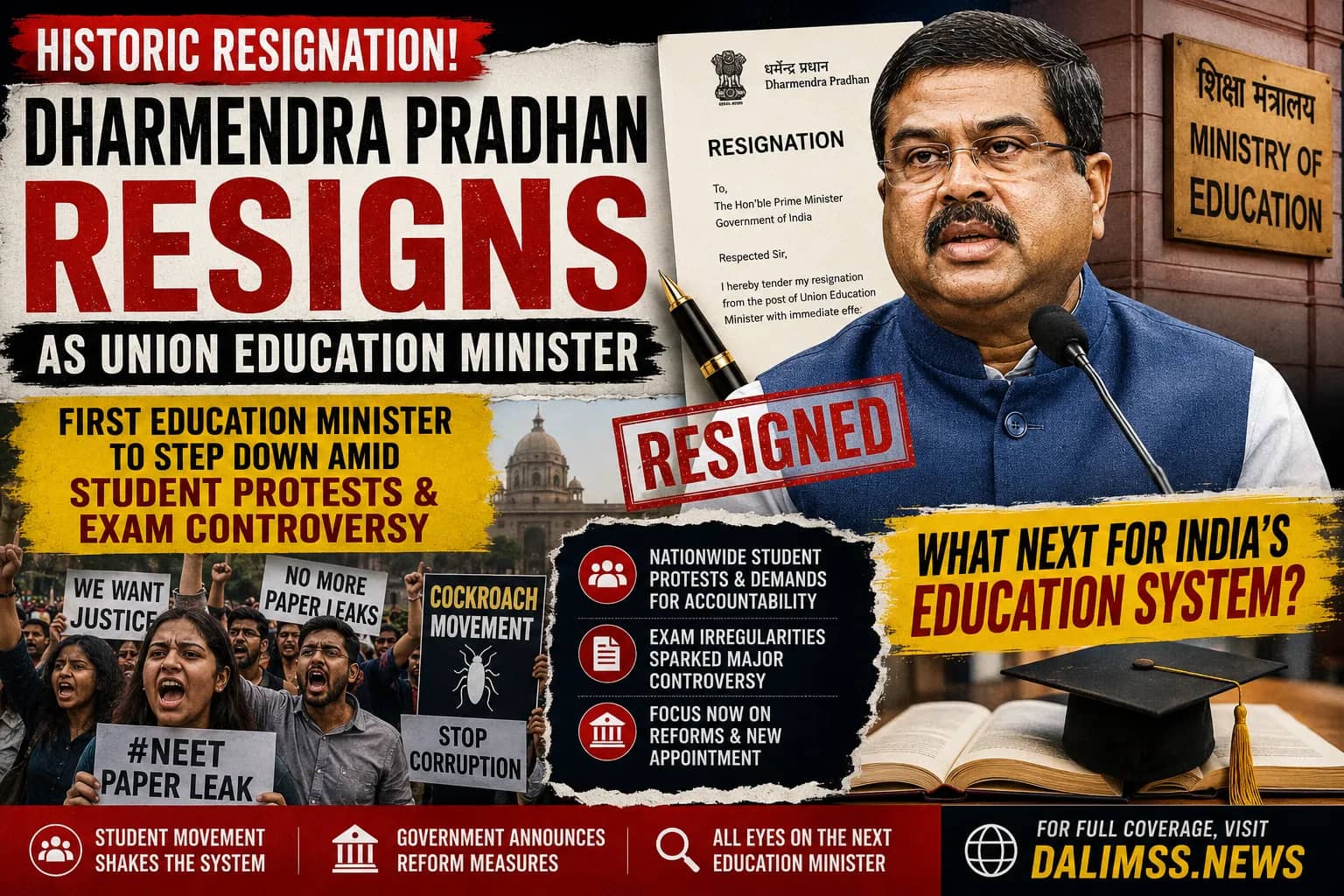 Editorial composite showing Dharmendra Pradhan beside a resignation graphic and Ministry of Education signage