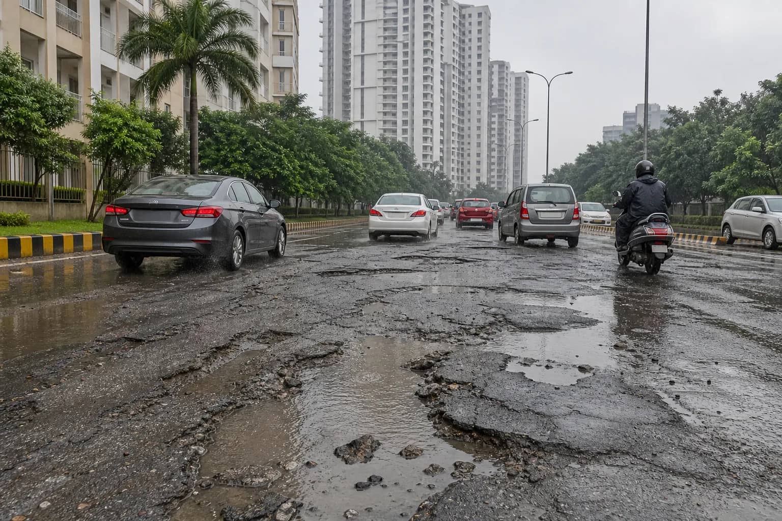Rain-damaged Gurugram road with potholes and slow-moving city traffic